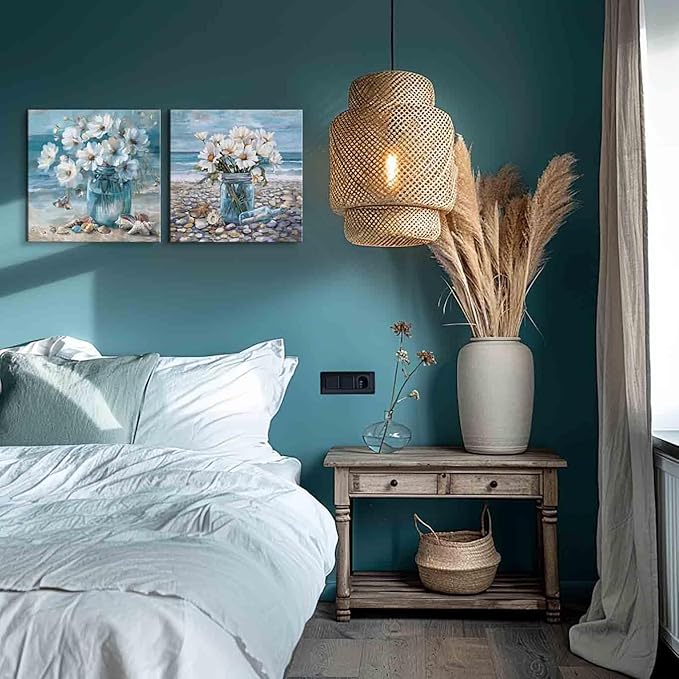 YUEYARIT Bathroom Wall Decor Beach Wall Art Ocean Theme Blue Picture Canvas Print Modern Coastal Artwork Framed Hanging Dining Office Living Room