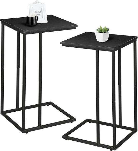 C Shaped Side Table Set of 2, Skinny Sofa Table for Sofa and Bed, Couch Tables That Slide Under, Small End Tables for Living Room, Bedroom or Small Spaces, Black