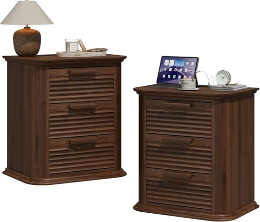 22'' Fluted Nightstand with Charging Station Set of 2, Modern End Table with 3 Drawers and Storage, Wood Night Stand with Round Corner, Side Table for Bedroom, Living Room, Curved Profile,Walnut