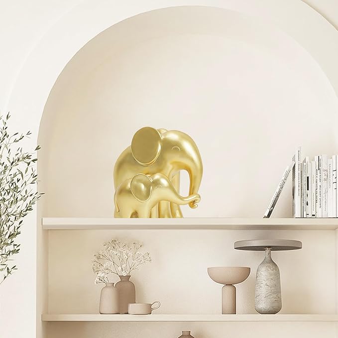 Elephant Figurines Gold Home Decor-Mom and Baby Elephant Statues,House Decorations Living Room,Modern Style Sculptures for Table Bookshelf Office Desktop TV Stand Decor,Gift for Women