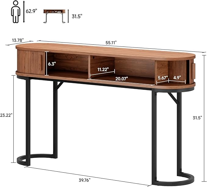 ONBRILL 55 Inch Console Table with 2 Drawers, Entryway Table with Sliding Door, Long Sofa Table Behind Couch w/Metal Leg, Mid-Century Modern Console Table for Entryway, Hallway, Living Room, Walnut