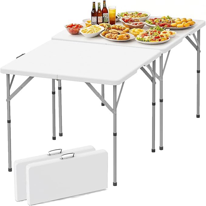 HLPB 34'' Square Folding Card Table 2 Pcs, Fold-in-Half Portable Dining Table with Handle and Safety Lock, Foldable Plastic Dining Table Indoor Outdoor for Camping, Picnic and Party Event, White