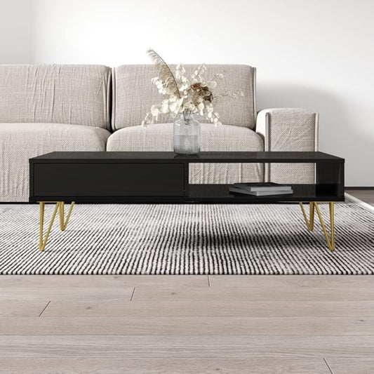 Meble Furniture Repo 51" Coffee Table with Lower Shelf & Drawer - Modern Rectangular Dining Table for Living Room - Durable & Lightweight Wooden Coffee Table with High Gloss Front Finish - Black