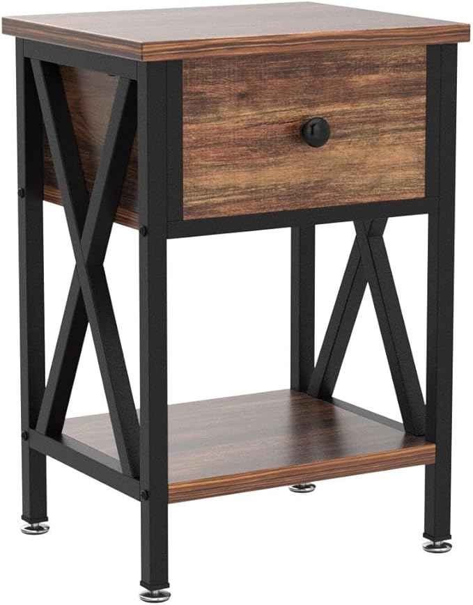 VECELO Nightstands Set of 2, Modern Bedside End Tables, Night Stands with Drawer and Storage Shelf for Living Room Bedroom, Industrial Metal Frame