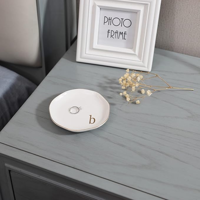 HOME SMILE Initials Ring Dish Jewery Tray with Personalized B-Monogrammed Engagement Wedding Gifts for Friends,Sister,Birthday Christmas Gifts for Women,Ceramic White
