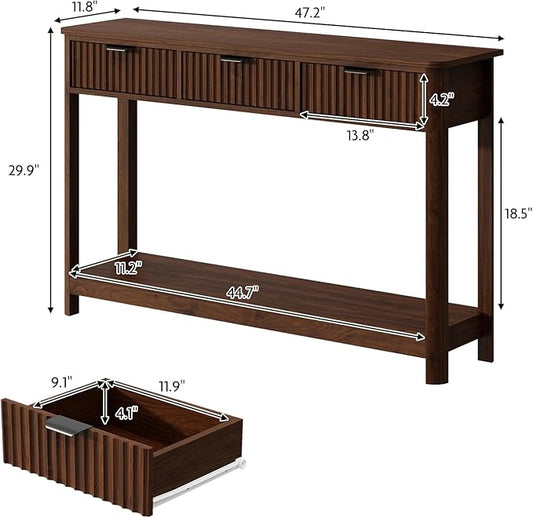 Set of 2 Console Table with Drawers, Modern 47.1" Entryway Table with Storage Shelf, Boho Narrow Skinny Behind Couch Wood Sofa Table for Living Room Hallway Entrance Foyer,Walnut