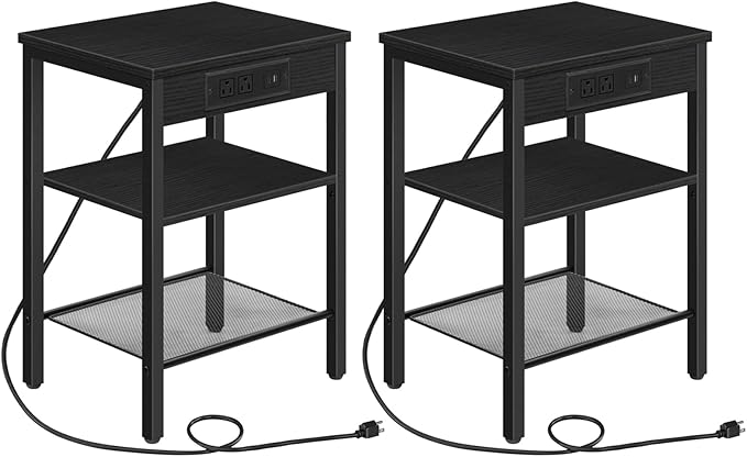 HOOBRO End Table Set of 2 with Charging Station and USB Port, 3-Tier Nightstands with Adjustable Shelf, Small Side Tables for Small Space in Living Room, Bedroom and Balcony, Black BB112BZP201