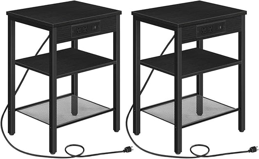 HOOBRO End Table Set of 2 with Charging Station and USB Port, 3-Tier Nightstands with Adjustable Shelf, Small Side Tables for Small Space in Living Room, Bedroom and Balcony, Black BB112BZP201