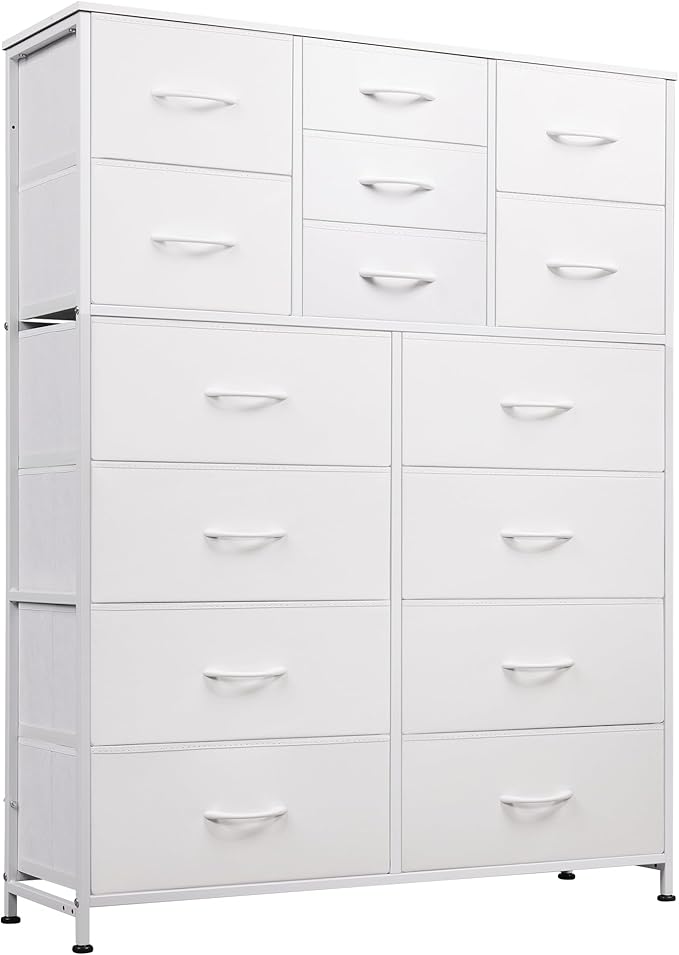 Tall Console Table with 15 Fabric Drawers, Entryway Table with Storage, Tall Storage Organizer with Wood Top, Steel Frame for Living Room, Hallway, Office, White