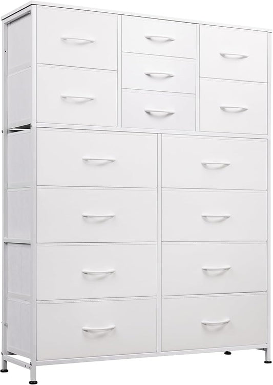 Tall Console Table with 15 Fabric Drawers, Entryway Table with Storage, Tall Storage Organizer with Wood Top, Steel Frame for Living Room, Hallway, Office, White