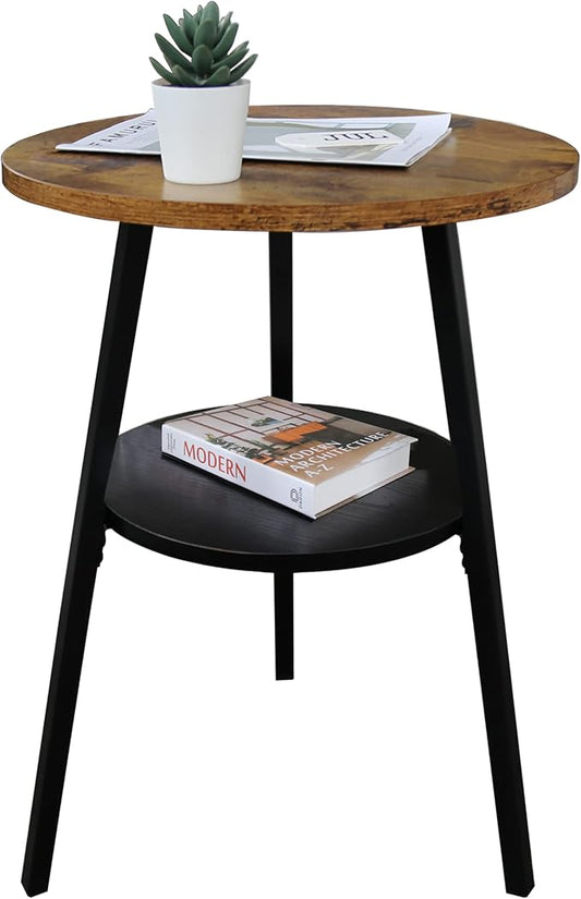 INHABIT UNION Round End Table,Accent Table Small Side Table for Living Room Bedroom, Balcony with Wooden Boards Storage Small Space (Rustic Brown)