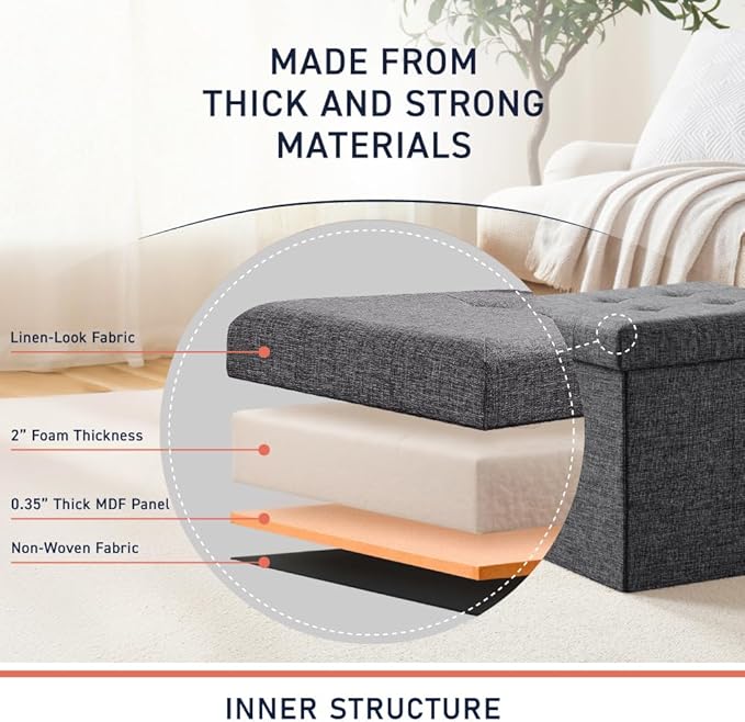 Ornavo Home Foldable Tufted Linen Storage Ottoman Square Cube Foot Rest Stool/Seat - 15" x 15" x 15" (Charcoal)