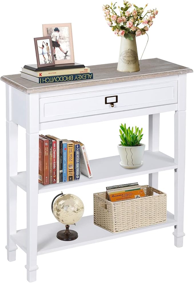 MOTION Narrow Entryway Table - 3 Tier Console Tables for Entryway with Drawer, Shelves, Sofa Table with Storage, Farmhouse Entry Table for Hallway, Living Room, 29 in, White