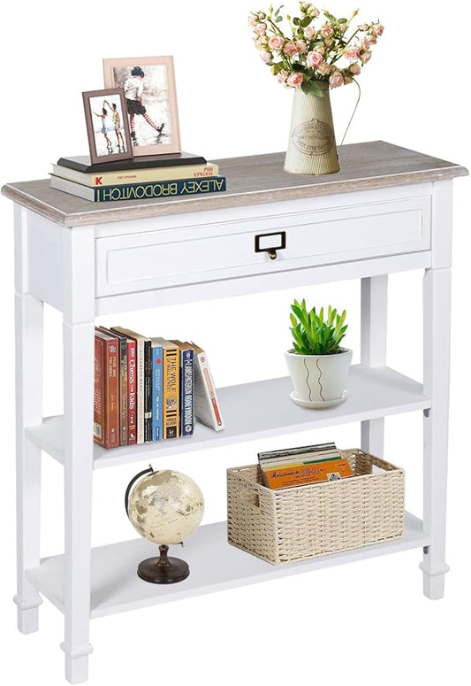 MOTION Narrow Entryway Table - 3 Tier Console Tables for Entryway with Drawer, Shelves, Sofa Table with Storage, Farmhouse Entry Table for Hallway, Living Room, 29 in, White