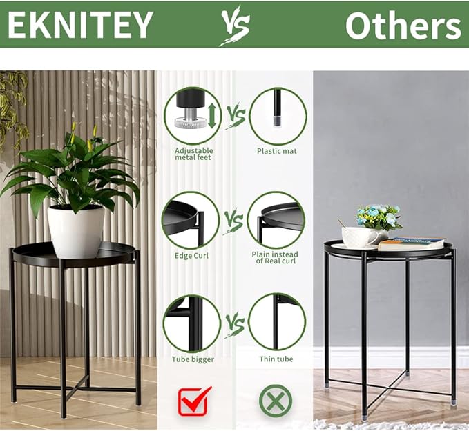 EKNITEY Small Side End Table - Metal Side Table Waterproof Small Sofa Coffee Side Tables Bedroom Indoor Outdoor with Removable Tray for Living Room Bedroom Balcony and Office