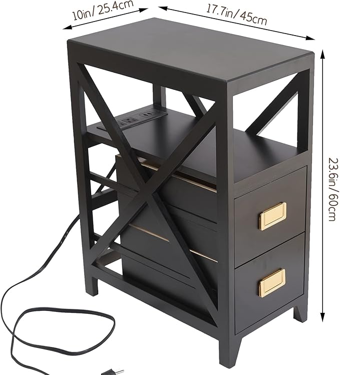 Fully Assembled Narrow Side Table with Charging Station, No Assembly Narrow Nightstand with USB Ports, Pre Assembled Skinny End Table with Outlets for Living Room, Bedroom-Black