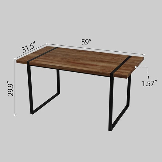 Modern Wooden Dining Table, 59'' Wooden Rectangle Table, Dining Room Table for 4-6, Modern Kitchen Dining Table with Black Metal Legs for Living Dining Kitchen Room(Dark Wood)