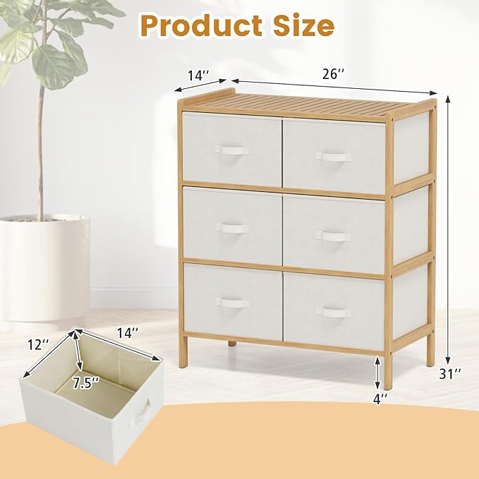 Giantex 6-Drawer Dresser for Bedroom, Bamboo Storage Tower with 6 Foldable Fabric Drawers & Top Shelf, Modern Chest of Drawers, Vertical Organizer Unit for Closet, Living Room (14" D x 26" W x 31" H)