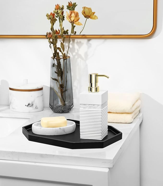 Shinowa Decorative Tray - Resin Bathroom Vanity Tray, Octagon Perfume & Jewelry Ring Dish for Countertop, Bedroom Dresser, Living Room Table, Kitchen Sink - Large, Matte Black