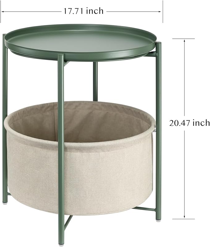 danpinera Round Side Table with Fabric Storage Basket, Metal Side Table Small Bedside Nightstand with Removable Tray for Living Room, Bedroom, Nursery, Dark Green