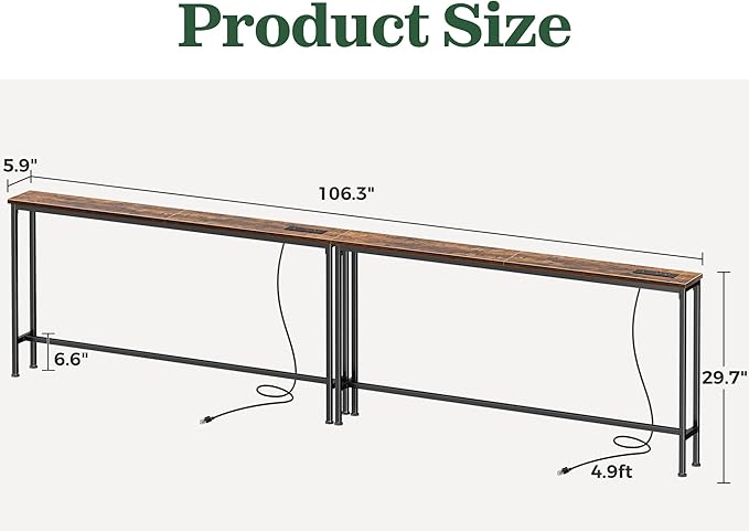 SUPERJARE 106.3 Inch Sofa Table with Power Outlets and USB-C Ports, 5.9 Inch Narrow Console Tables, Entryway Hallway Couch Tables with Storage, Behind Sofa, Small Spaces, Living Room, Rusitc Brown