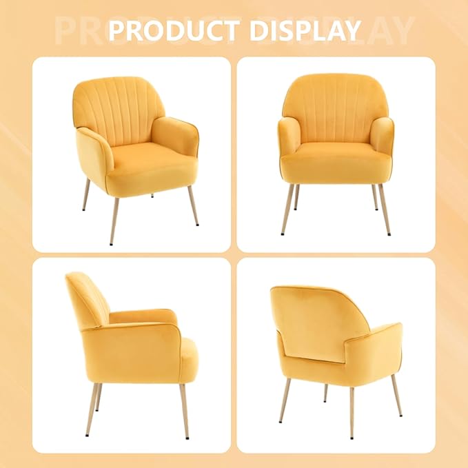 Velvet Accent Chair, Modern Upholstered Single Sofa Side Living Room Chair, Comfy Barrel Reading Armchair with Metal Legs for Bedroom, Waiting Room, Office and Cafe, Yellow