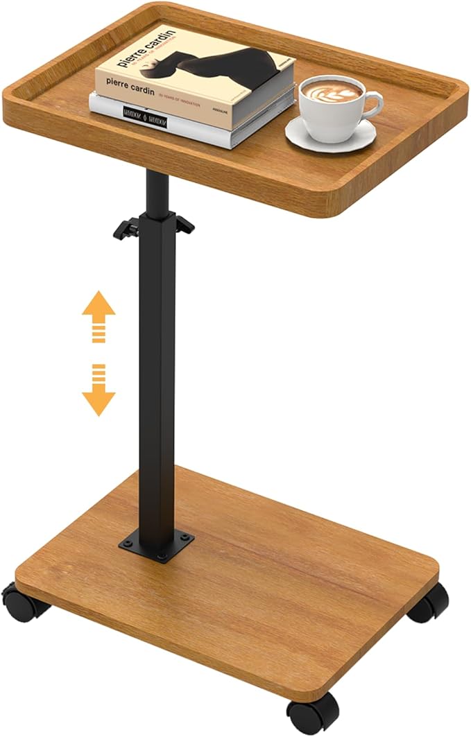 C Shaped End Table Adjustable Height, Couch Tables That Slide Under with Wheels, 360° Swivel C Side Table for Couch, Sofa, Living Room, Bedroom, Small Spaces (Wooden Veneer)