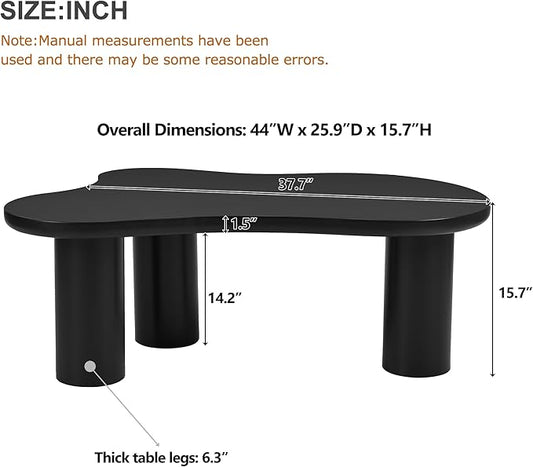 GDFStudio 44'' Cloud-Shaped Coffee Table,Minimalist Center Table with 3 Sturdy Legs & 1.5'' Thick Top,Easy Assembly Round Edge Irregular End Table for Living Room, Bedroom,or Patio,Black