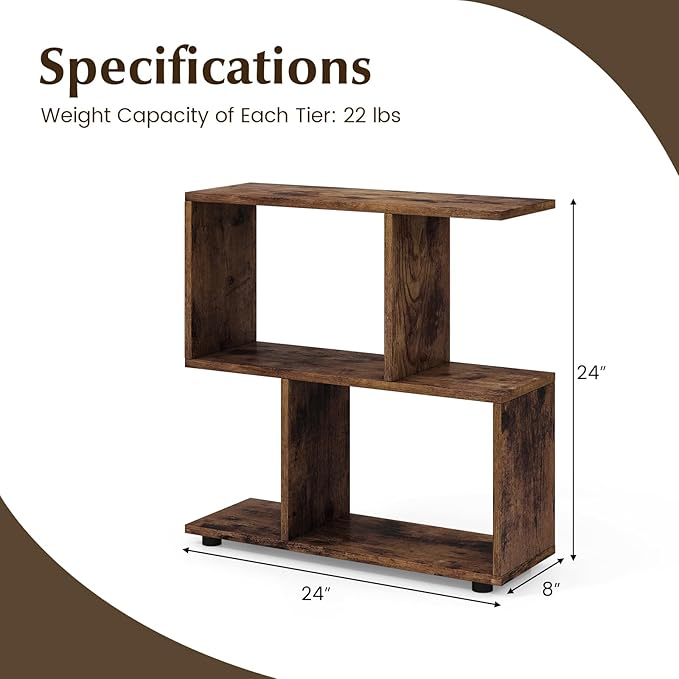 Giantex 3-Tier Geometric Bookshelf Set of 2, 24" Tall Wood S-Shaped Display Shelves with Thick Foot Pads, Freestanding Open Shelves Nightstand, Floor Standing Display Shelf Bookcase, Brown