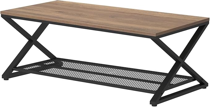 LVB Wood Coffee Table, Metal Wooden 2 Tier Center Tables with Storage, Industrial Cocktail Table with Shelf for Living Room, Farmhouse Rectangle Middle Table for Office Bedroom, 47 inch, Rustic Oak