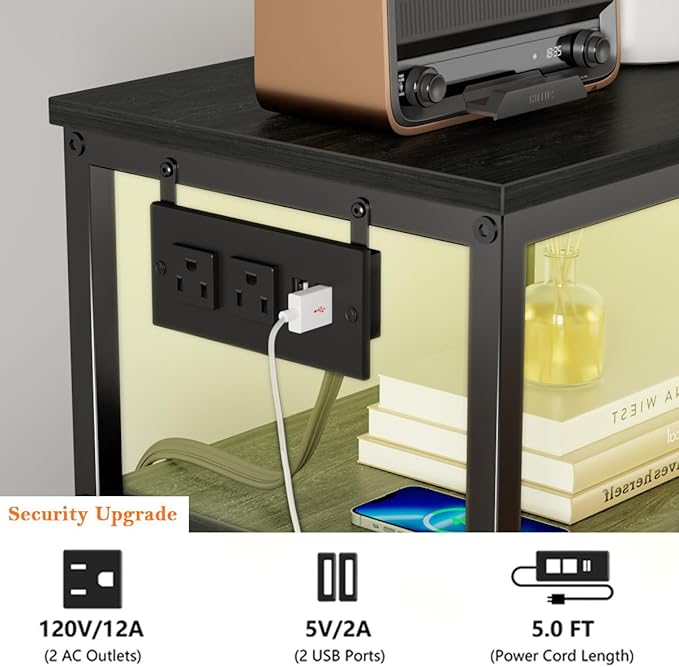 Furnulem Dresser for Bedroom, Tall Nightstand, Vertical Chest with Wood Top, Charging Station, LED Lights, 5 Fabric Bins, Bedside Table with Shelf, Furniture for Entryway (5 Drawer, Black Oak)