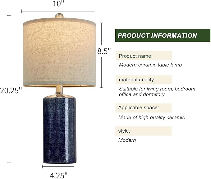 20.25/inch Modern Ceramic Table lamp Set of 2 Small Farmhouse Bedside lamp Dark Blue Nightstand Lamp End Table Lamps for Living Room Bedroom Study Office AMZ-T1109BL0