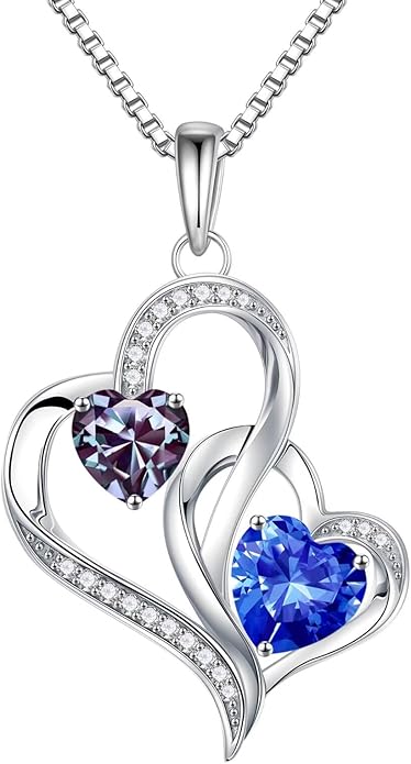 Iefil Christmas Gifts for Women - Double Heart Birthstone Necklace, 925 Sterling Silver Heart Pendant Necklace, Anniversary Birthday Gifts for Women | Personalized Jewelry Gift for Wife Mom Girlfriend