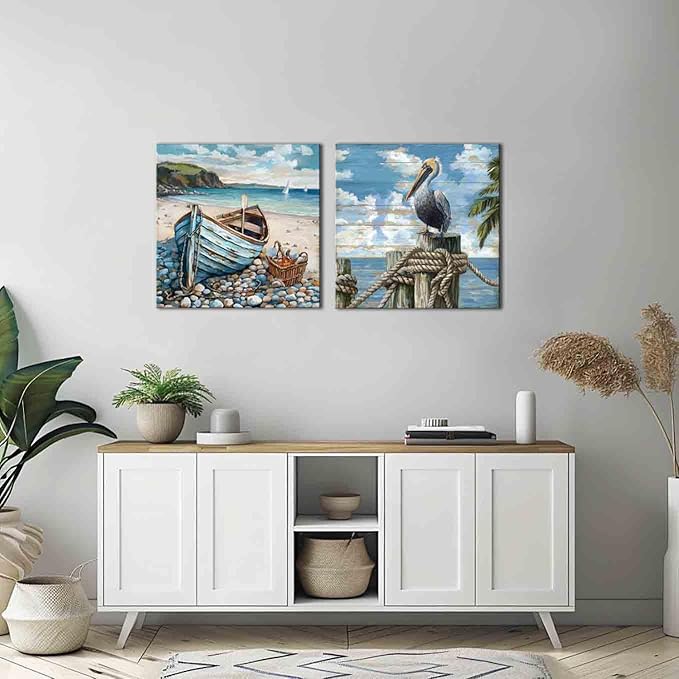YUEYARIT Bathroom Decor pelican Wall Art Ocean Theme Blue sea Picture Canvas Print Modern Coastal Artwork Framed Hanging Dining Office Living Room