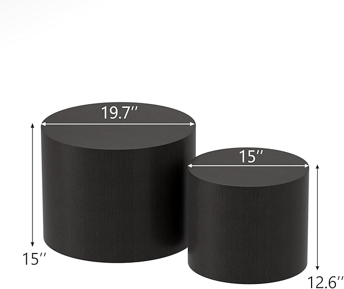 Nesting Coffee Table Set of 2, Round Wood Black Coffee Tables Modern Circle Coffee Tables Side End Table for Small Spaces Living Room, Bedroom, Balcony, Office