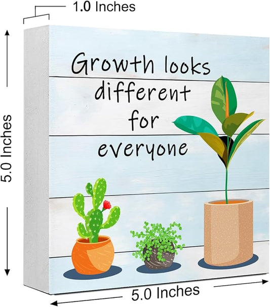 LVQHI Inspirational Wood Block Sign,Growth Looks Different for Everyone Plant Motivational Wooden Block Sign for Home Bedroom Office Desk Table Decor,Inspirational Cheer Up Gift Grain-Blue