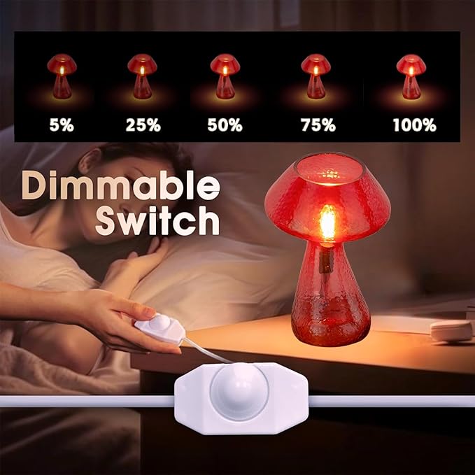 Dimmable Mushroom lamp,red Glass Mushroom Bedside Table Lamp,Village Style Small Nightstand Desklamp for Home Decor, Dining, Living, Bedroom, Gift（LED Bulbs Included）