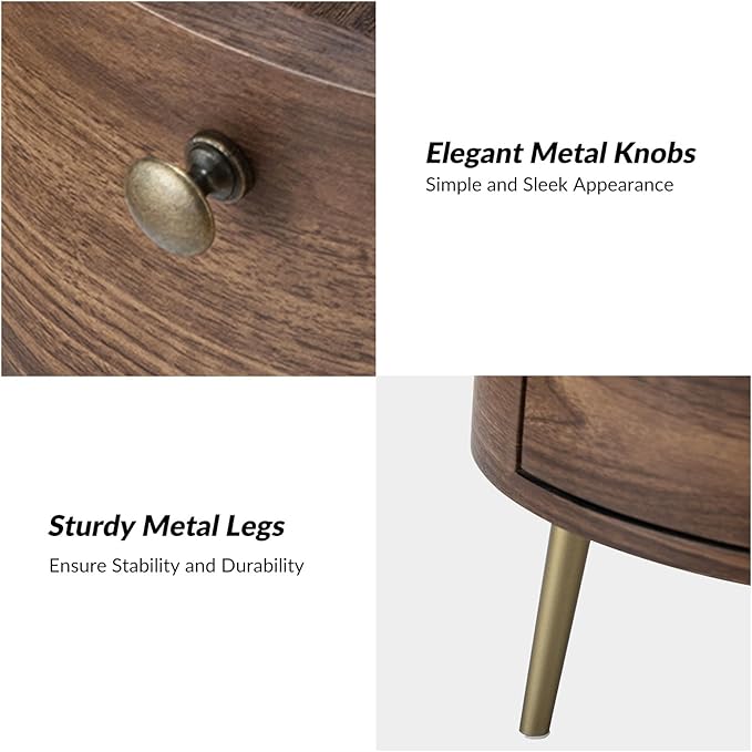 HULALA HOME Round End Table with 3 Storage Drawers, Mid Century Modern Sofa Side Table with Metal Legs, Farmhouse Wood Small Side Table for Living Room, Bedroom and Small Spaces, Walnut