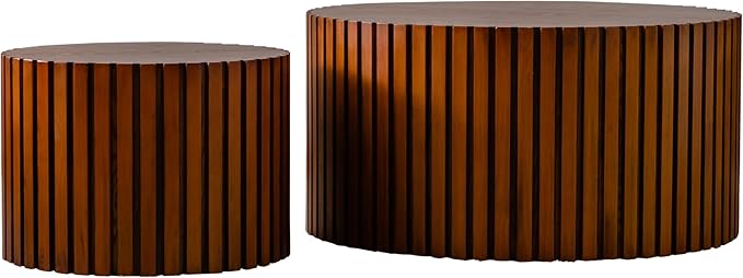 Nesting Coffee Table Set of 2, Modern Round Wooden Circle Accent Coffee Tables for Small Spaces Living Room Bedroom Balcony Office Drum Side Table
