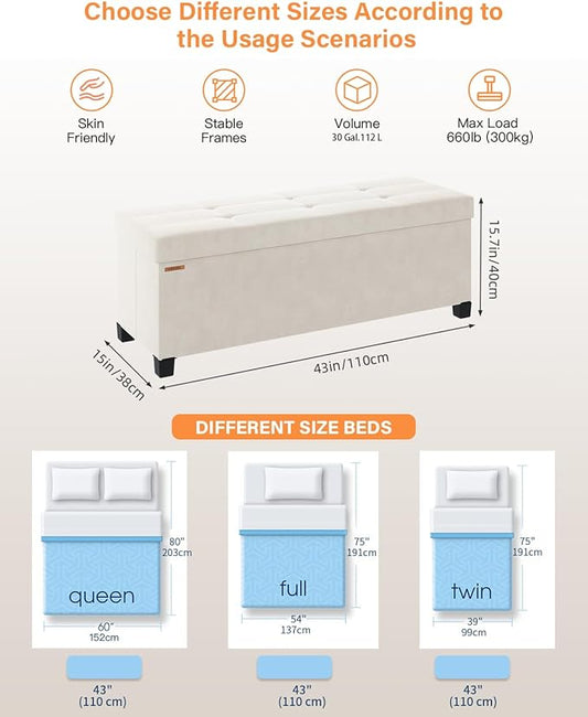 Foldable Storage Ottoman Bench, Velvet Footrest and Seat Cube with Feet, Storage Chest, for Living Room, Bedroom and Office, 15 x 43 x 15.7 Inches, Cream White, UASND24W