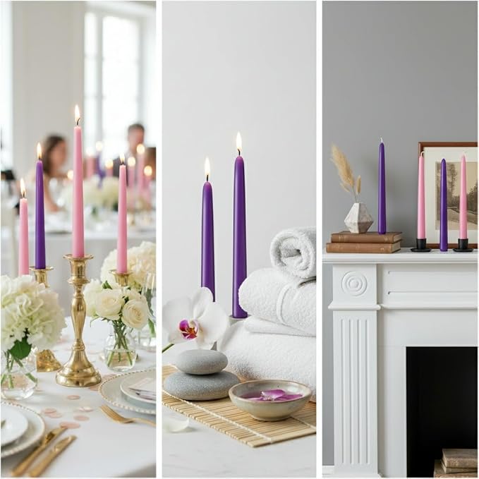 12 Pack Advent Taper Candles Set (9 Purple, 3 Pink) - 10 Inch Dripless & Smokeless Candlesticks, 8-Hour Unscented Wax for Holiday, Wedding, Dinner & Home Decor