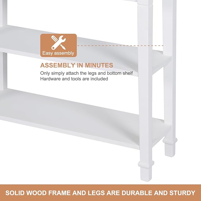 MOTION Narrow Entryway Table - 3 Tier Console Tables for Entryway with Drawer, Shelves, Sofa Table with Storage, Farmhouse Entry Table for Hallway, Living Room, 29 in, White