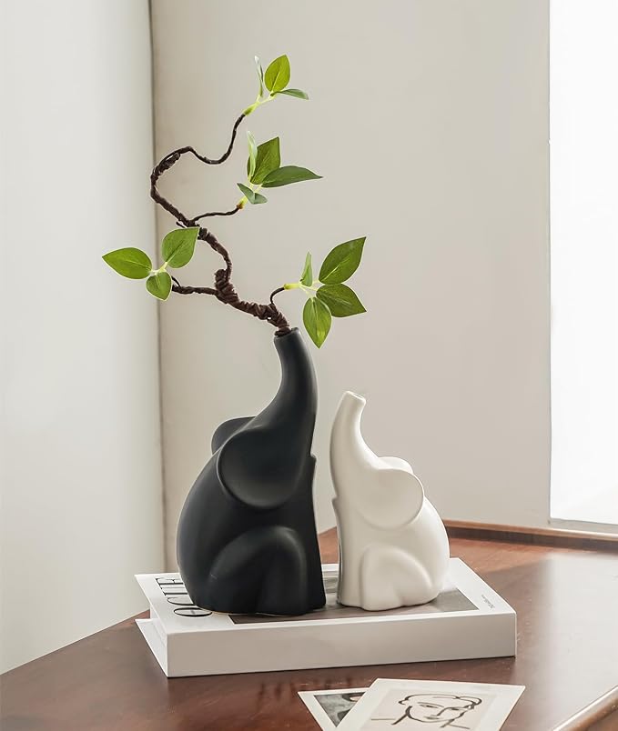 Loving Pair of Elephants,with Flower,Modern Ceramic Decor Statue,Good Luck Elephant,for Bookshelf Living Room Office Table Shelf Decorations.Gifts for Lover, Wife, Mother.