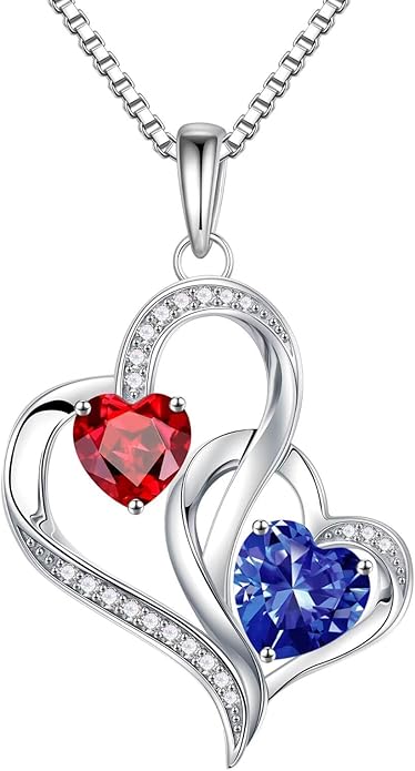 Iefil Christmas Gifts for Women - Double Heart Birthstone Necklace, 925 Sterling Silver Heart Pendant Necklace, Anniversary Birthday Gifts for Women | Personalized Jewelry Gift for Wife Mom Girlfriend
