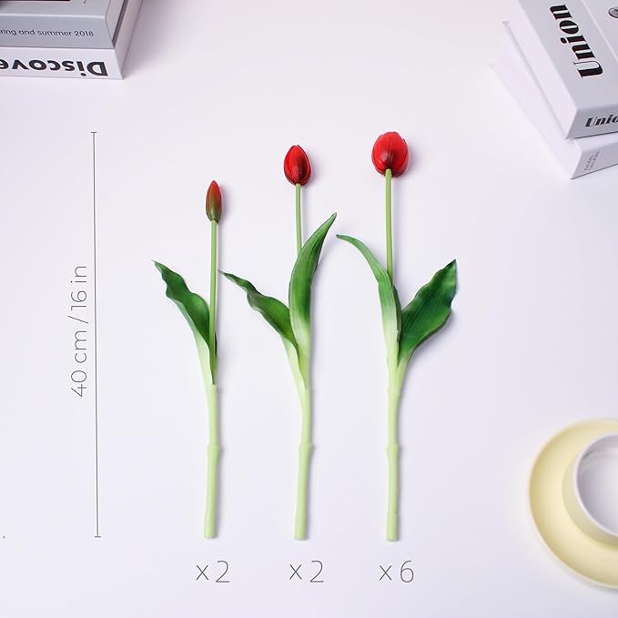 16-inch Premium Real Touch Fake Tulips Artificial Flowers with Buds, Flexible Stem Easy to Shape, Faux Tulips for Home Decor Indoor (Vase not Included), 10-Pack Set of Passion Red