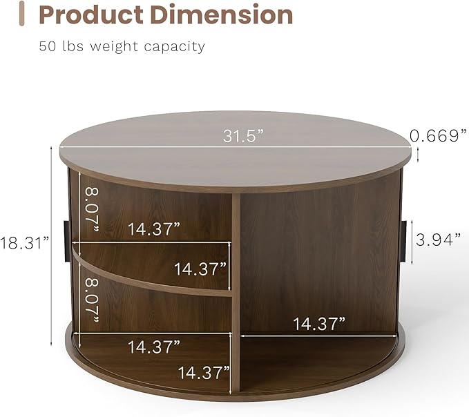 SoarFlash 31.5 Inch Fluted Coffee Table with Storage, Mid Century Modern Round Coffee Table with Shelf, Center Table with Sliding Door and Wood Fluted Handle for Living Room, Walnut