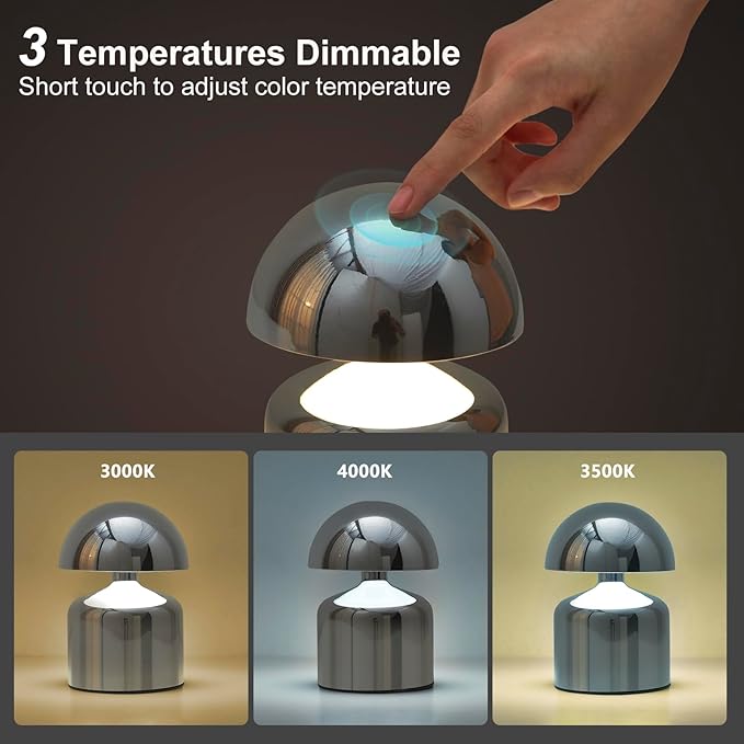 Modern Cordless Mushroom Small Table Lamp Touch LED Lamps, 3-Way Dimmable Bedside Nightstand Lamp Mini Rechargeable Night Light for Bedroom, Living Room