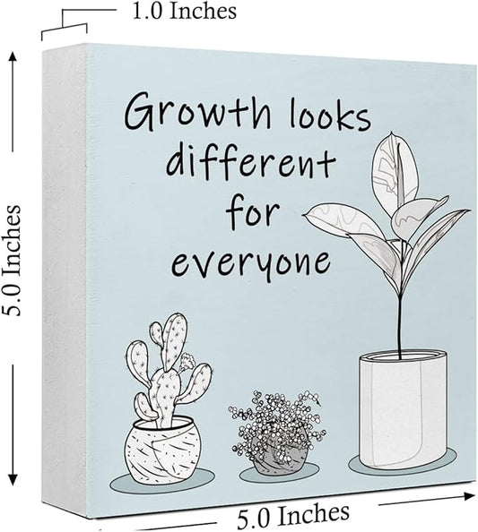 LVQHI Blue Inspirational Wood Block Sign,Growth Looks Different for Everyone Plant Motivational Wooden Block Sign for Home Bedroom Office Desk Decor,Inspirational Cheer Up Gift for Coworker Friend