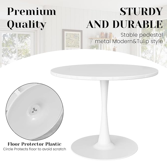 DKLGG White Round Dining Table, 39.1" Tulip Kitchen Dining Table for 4-5 People with MDF Table Top & Pedestal Base, Mid-Century End Living Room Table