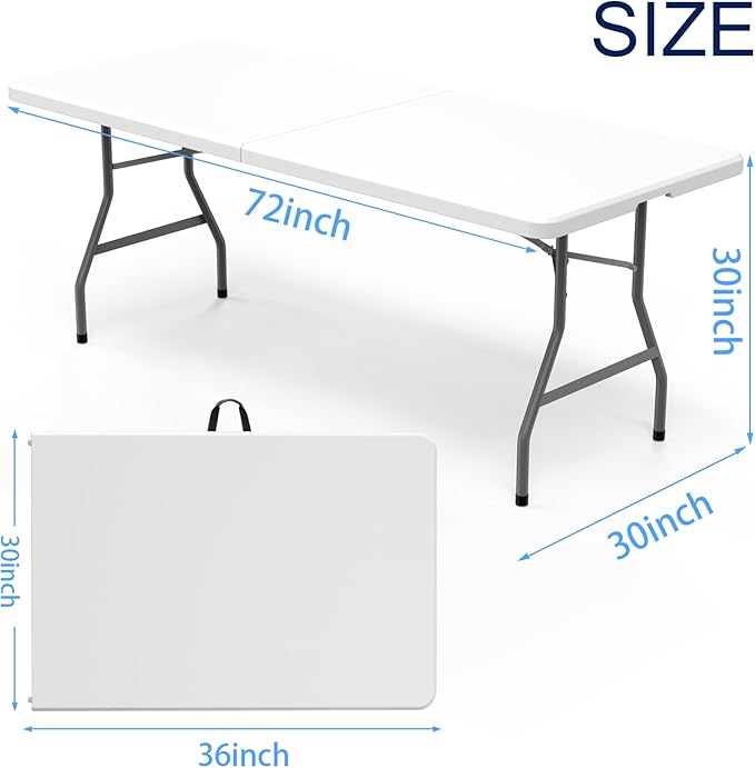 6FT（30"x72"） Folding Table, Indoor Outdoor Heavy Duty Table with Carrying Handle,Portable Plastic Fold up Table for Picnic/Party/Camping/Office/School